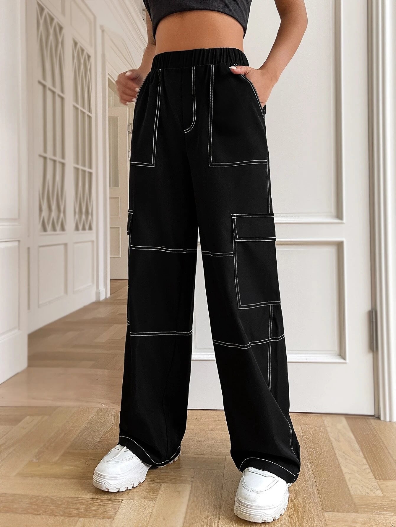 Navy Wide Leg Cargo Pants with White Stitching